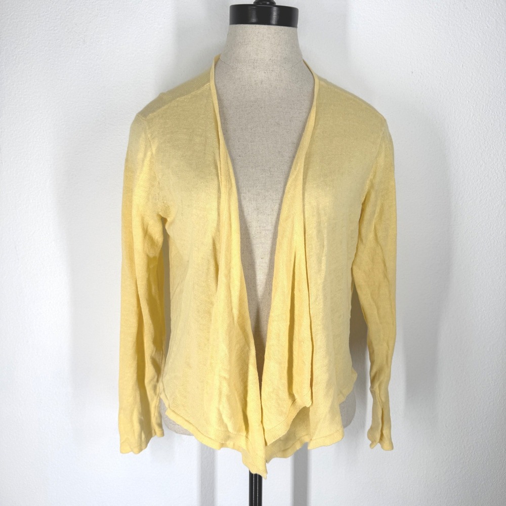 J Jill Butter Yellow Linen Cotton Cardigan Sweater Womens Medium Drapey Coastal